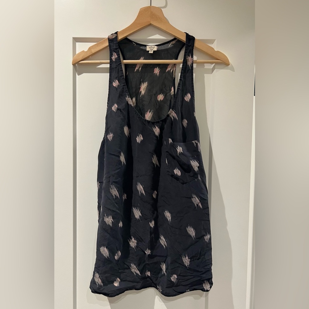 Wilfred 100% silk black razor tank with pink accents